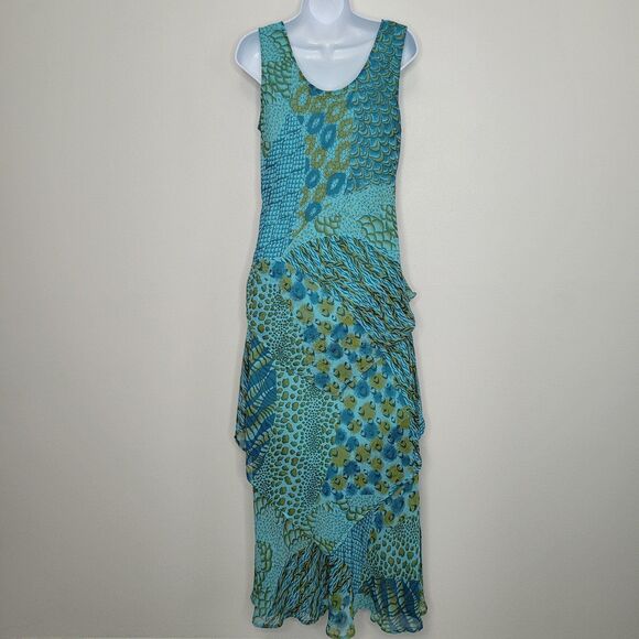 Vintage mixed animal print patchwork look tiered teal green quirky y2k dress L - Picture 2 of 5